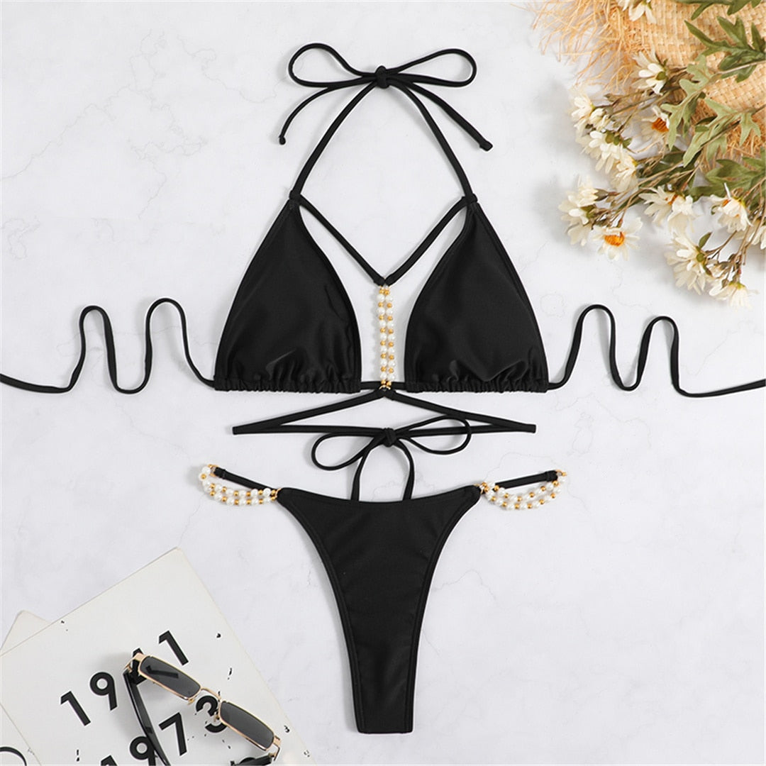 G String Micro Thong Pearl Bikini Sets