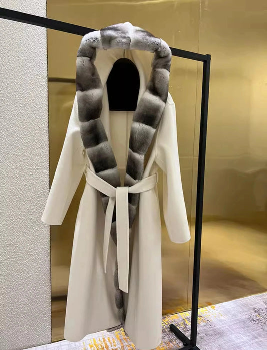 Long Cashmere Wool Hooded Coat Real Fur Collar