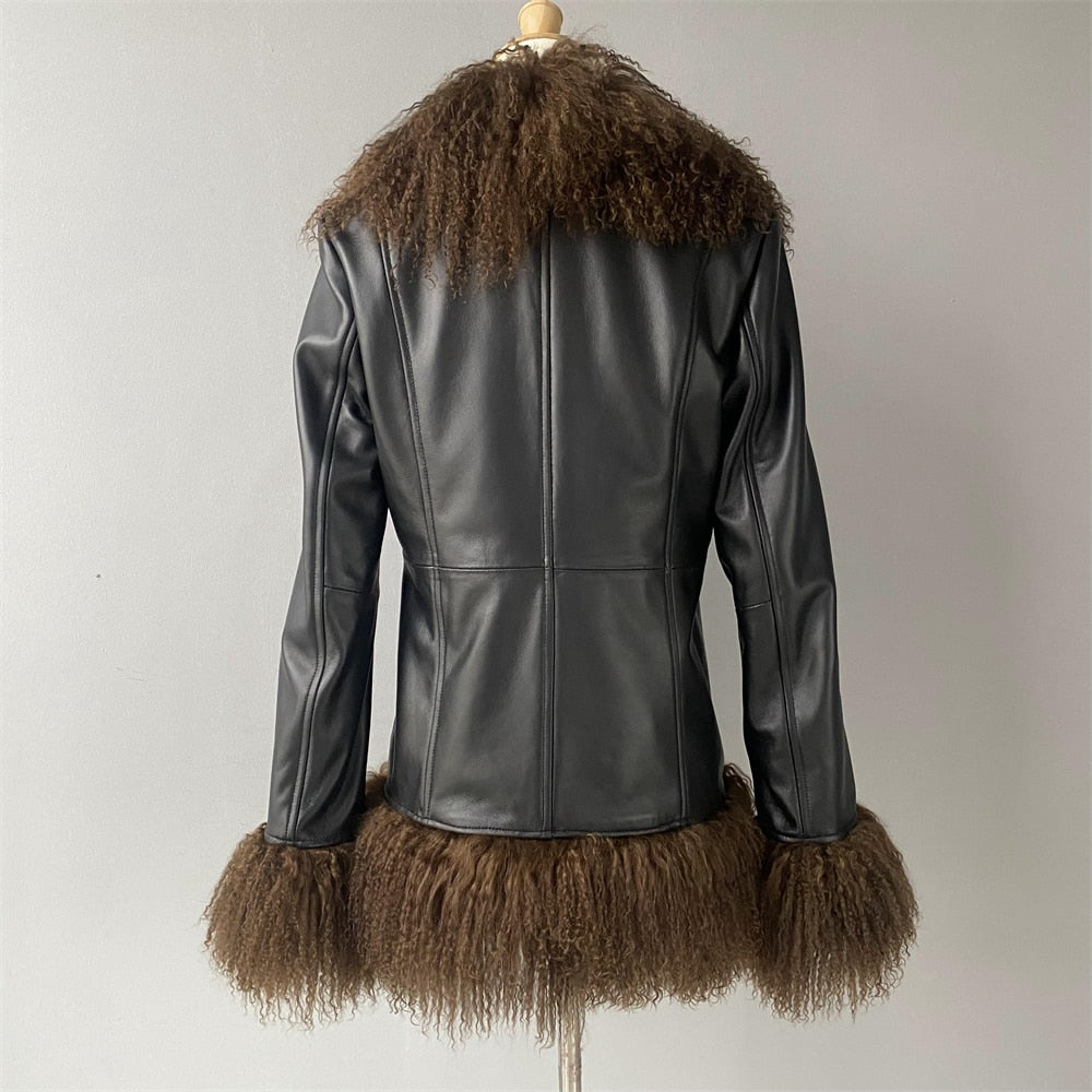 Genuine Leather Real Mongolia Fur Collar, Trim & Cuffs