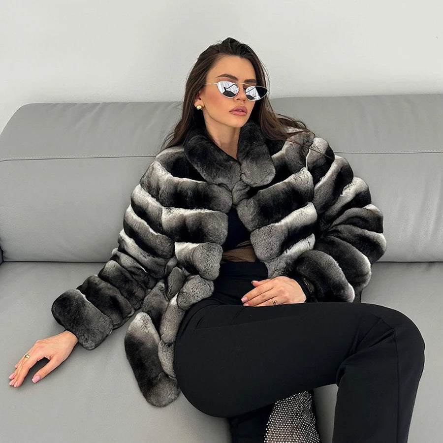 Chinchilla Style Real Rex Rabbit Fur Coats