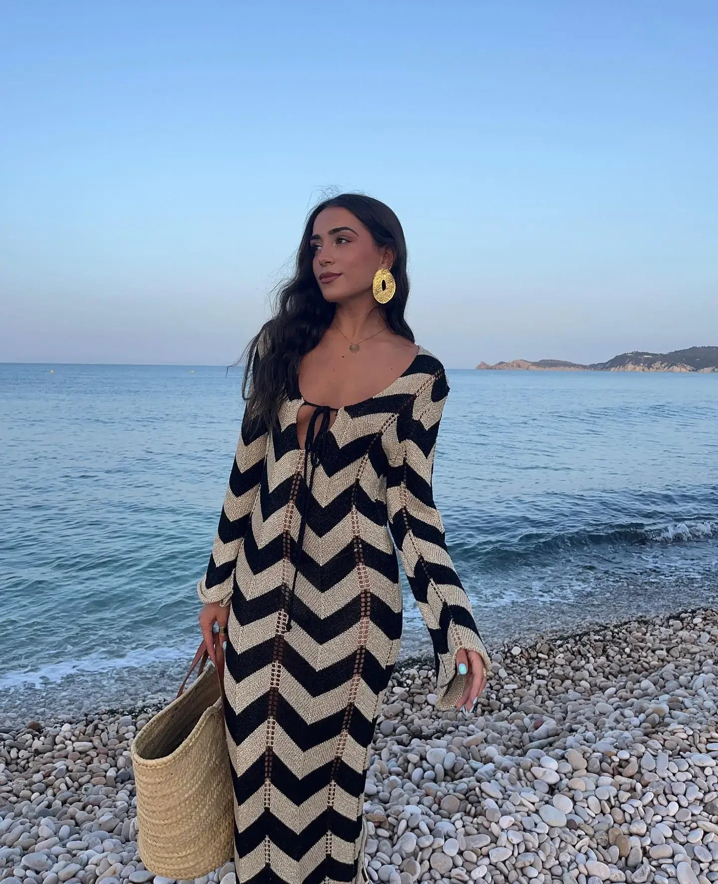 Striped Knitted Long Sleeve Long Dress