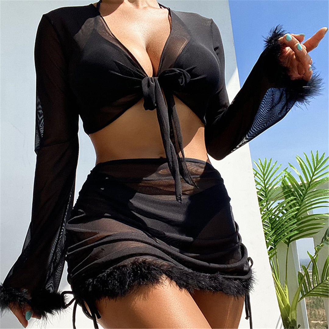 Bikini Set & Mesh Long Sleeve Crop & Mini Skirt 4 Pcs