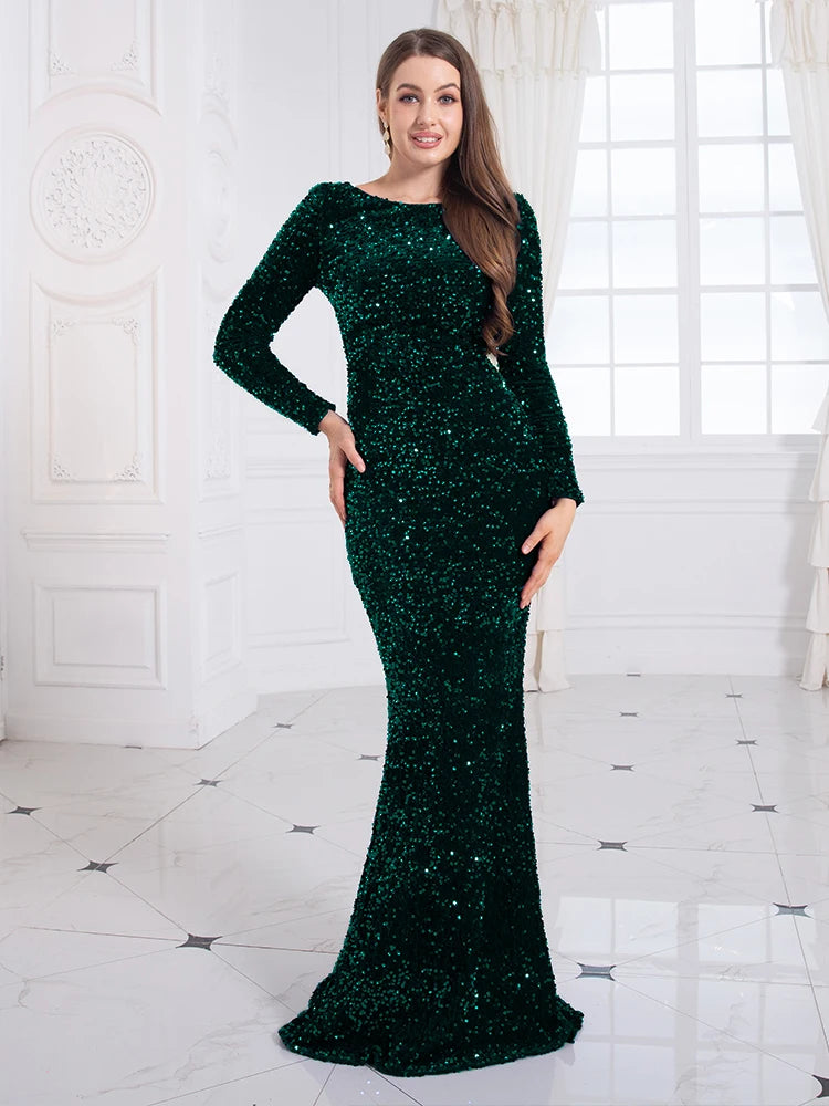 Sequin O Neck Sleeved Mermaid Long Dresses