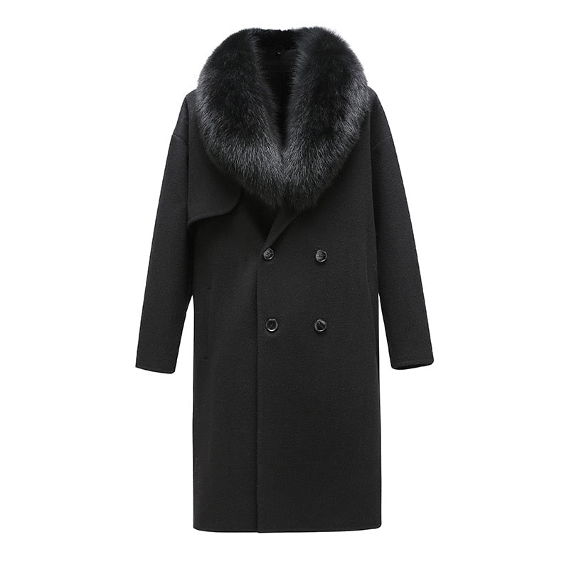 Real Wool Detachable Big Real Fox Fur Collar Long Coats