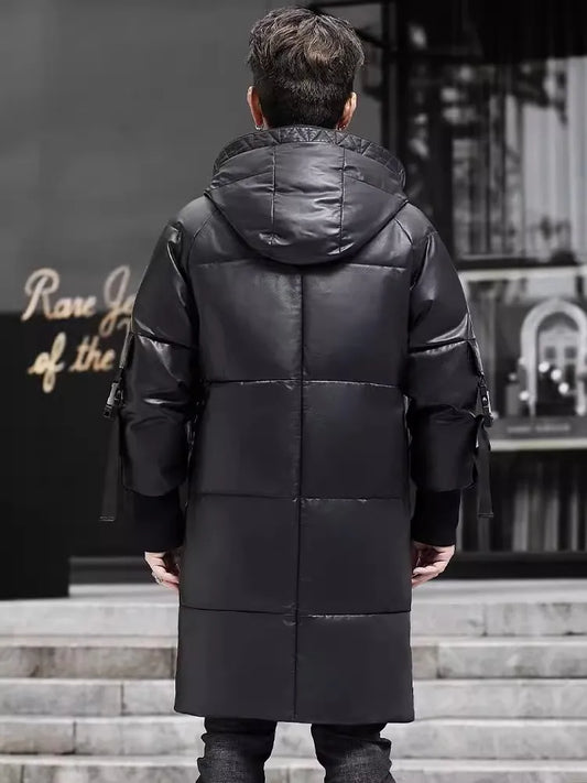 Genuine Leather Long Trench Down Coat Hooded