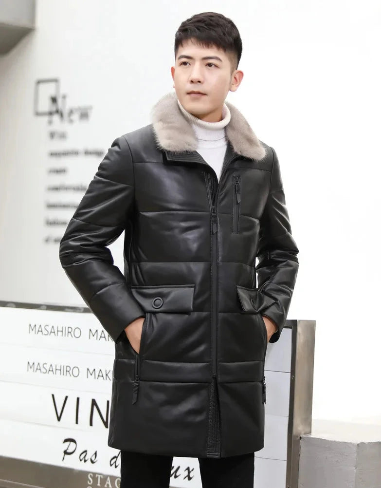 Genuine Leather Down Coats Real Mink Fur Collar