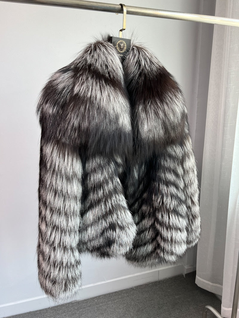 Dark Silver Big Collar Real Fur Coat