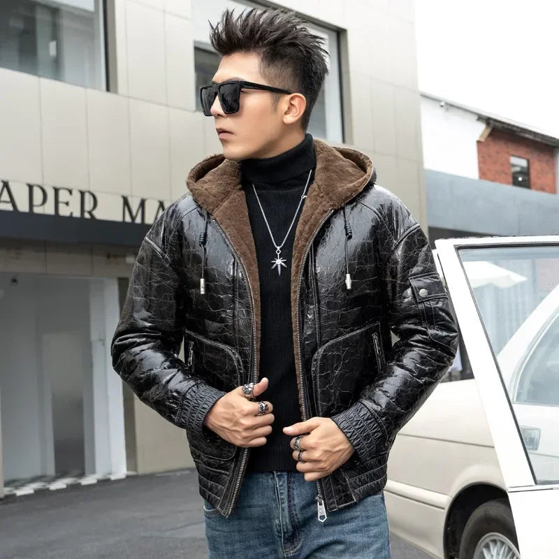 Genuine Leather Hooded Fur Coats