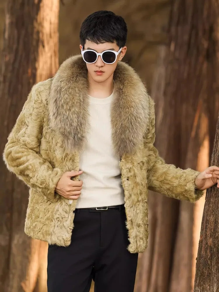 Natural Long Lambswool Real Fur Coats Fox Fur Collar