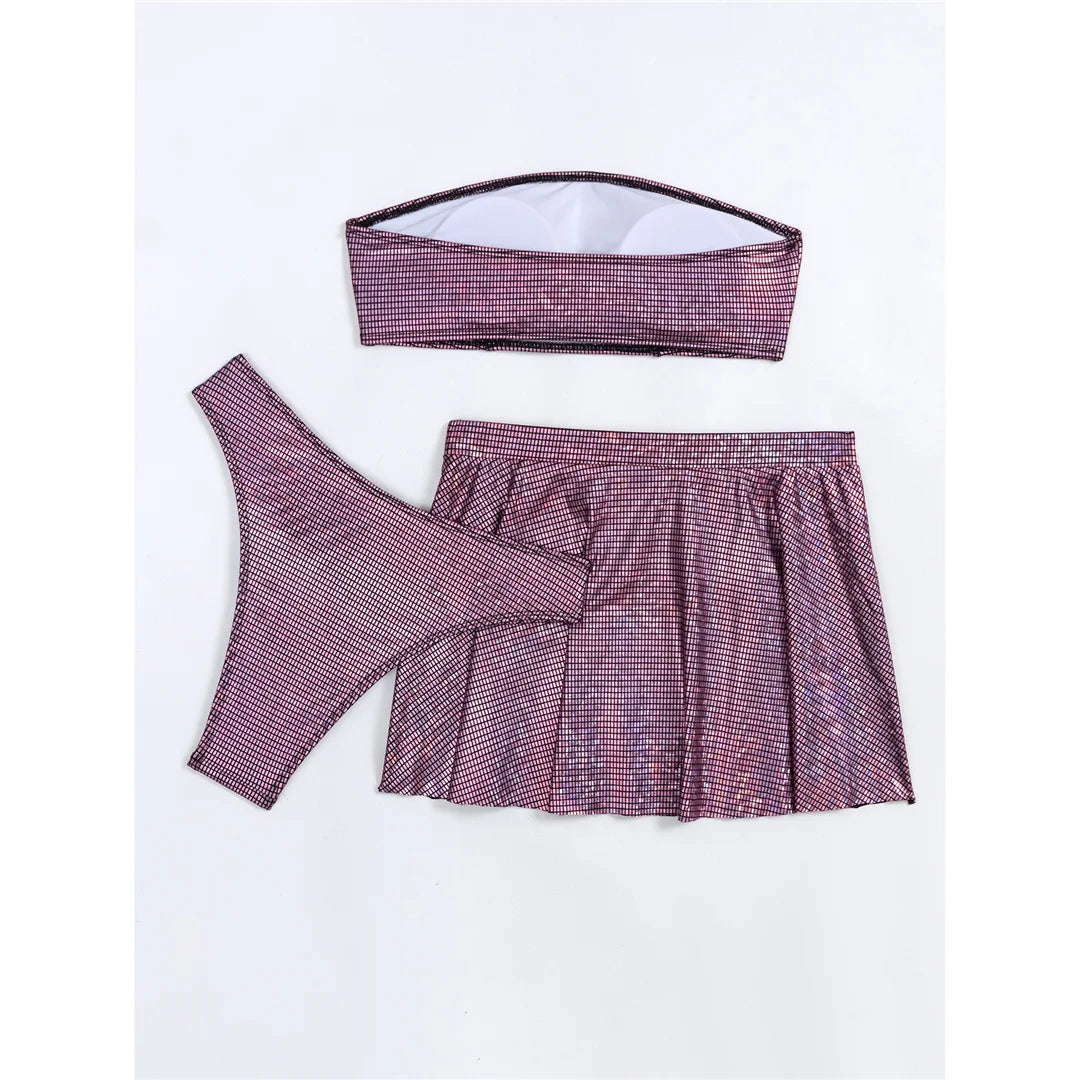 Shiny Purple Brazilian Bikini Set & Mini Skirt