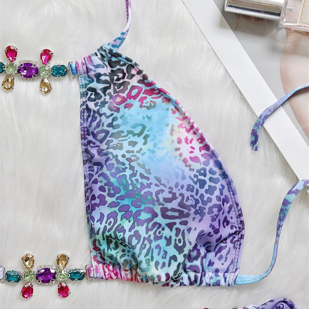Colorful Leopard Rhinestone Bikini Set