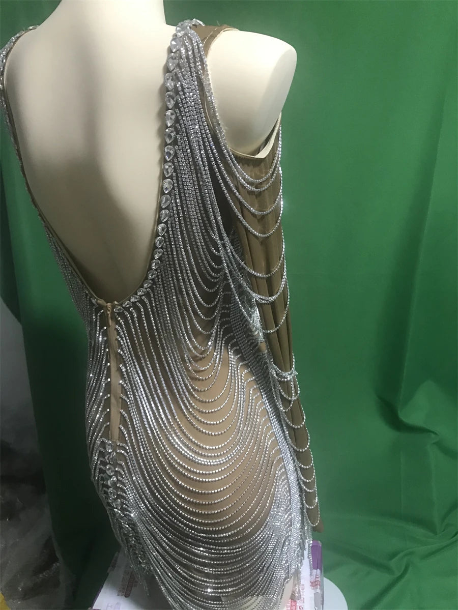 Rhinestone Chains Transparent Mini Dresses