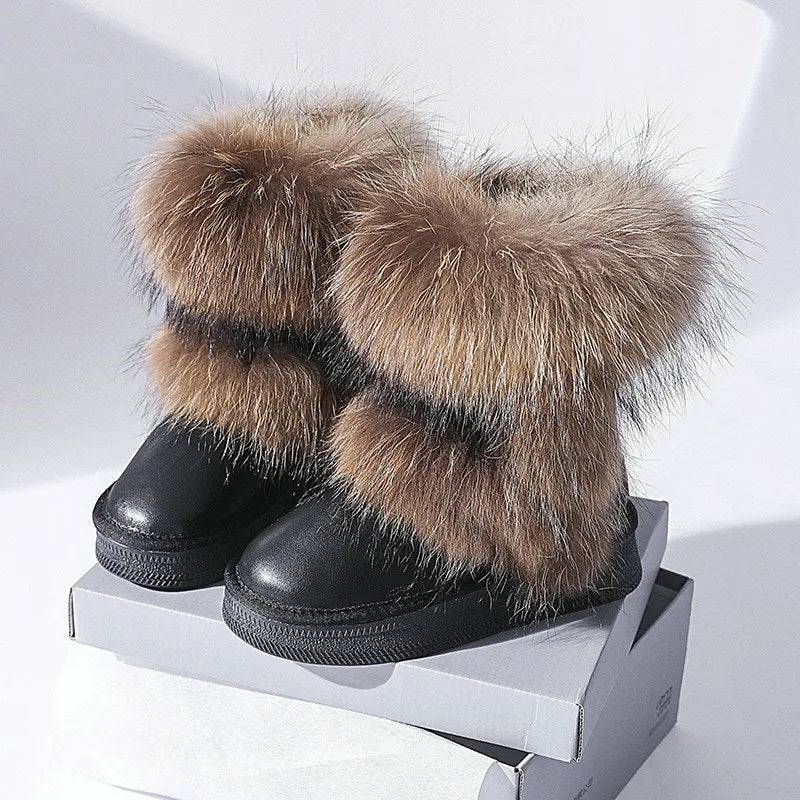 Genuine Leather Waterproof Snow Boots Real Fur