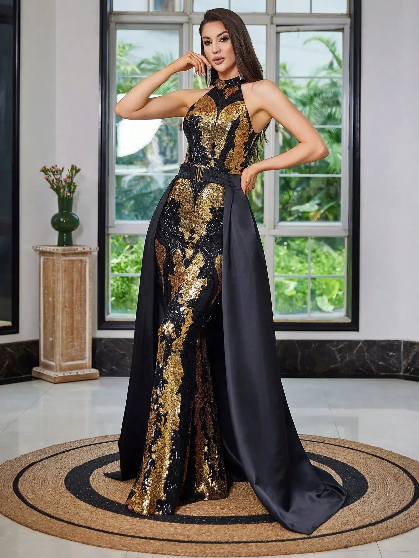 Gold Sequins Halter Waist Skirt Floor Length Dress