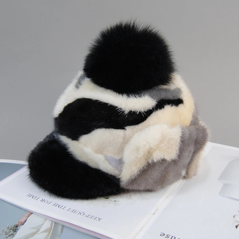 Colorful Real Mink Fur Bomber Hats Fur Pompom