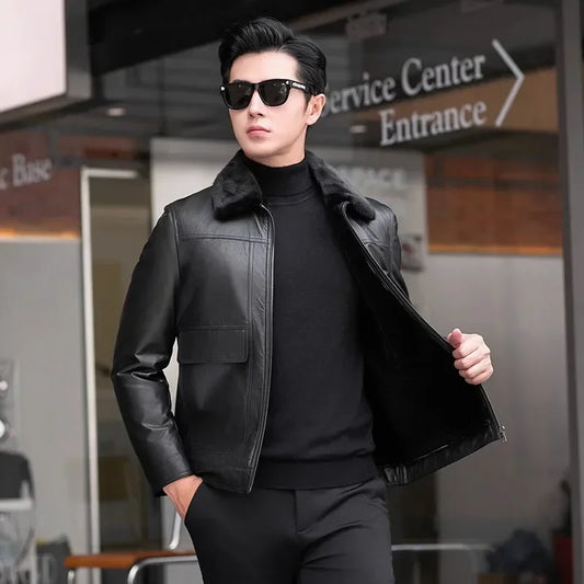 Genuine Leather Jackets Mink Fur Collar & Wool Liner