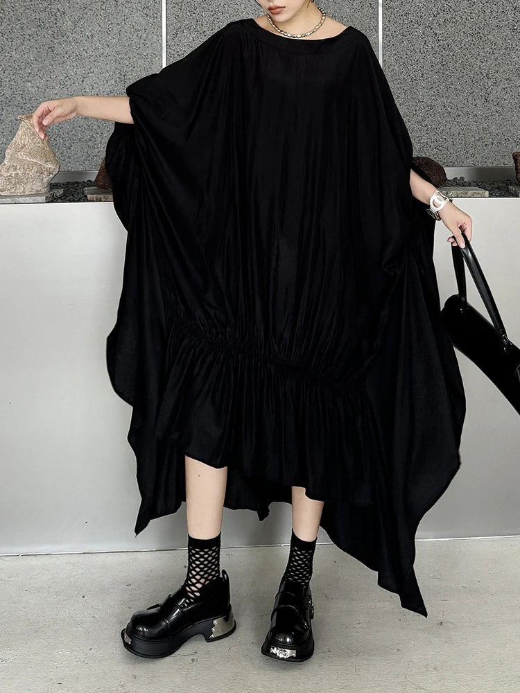 Black Pleated Irregular Loose Oversized Long Dress