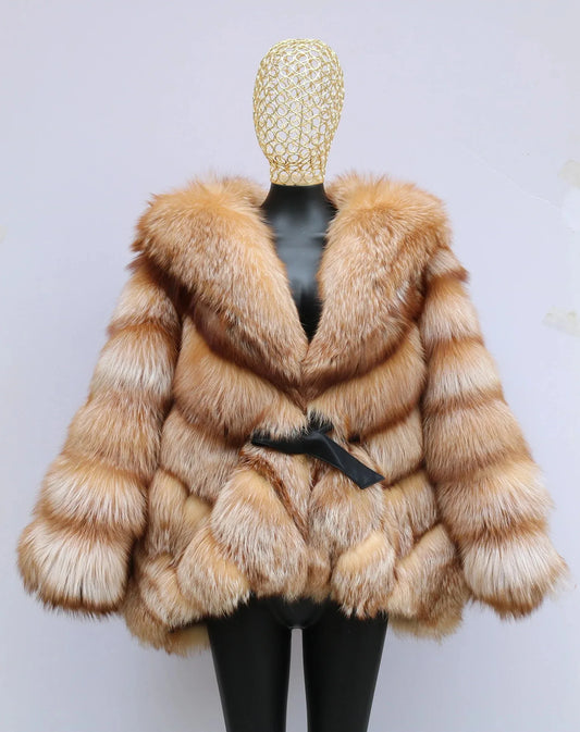 Real Fur Coat Batwing Sleeve Hooded