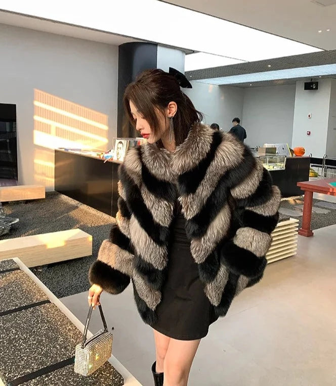 Silver & Black Pattern Real Fox Fur Coats