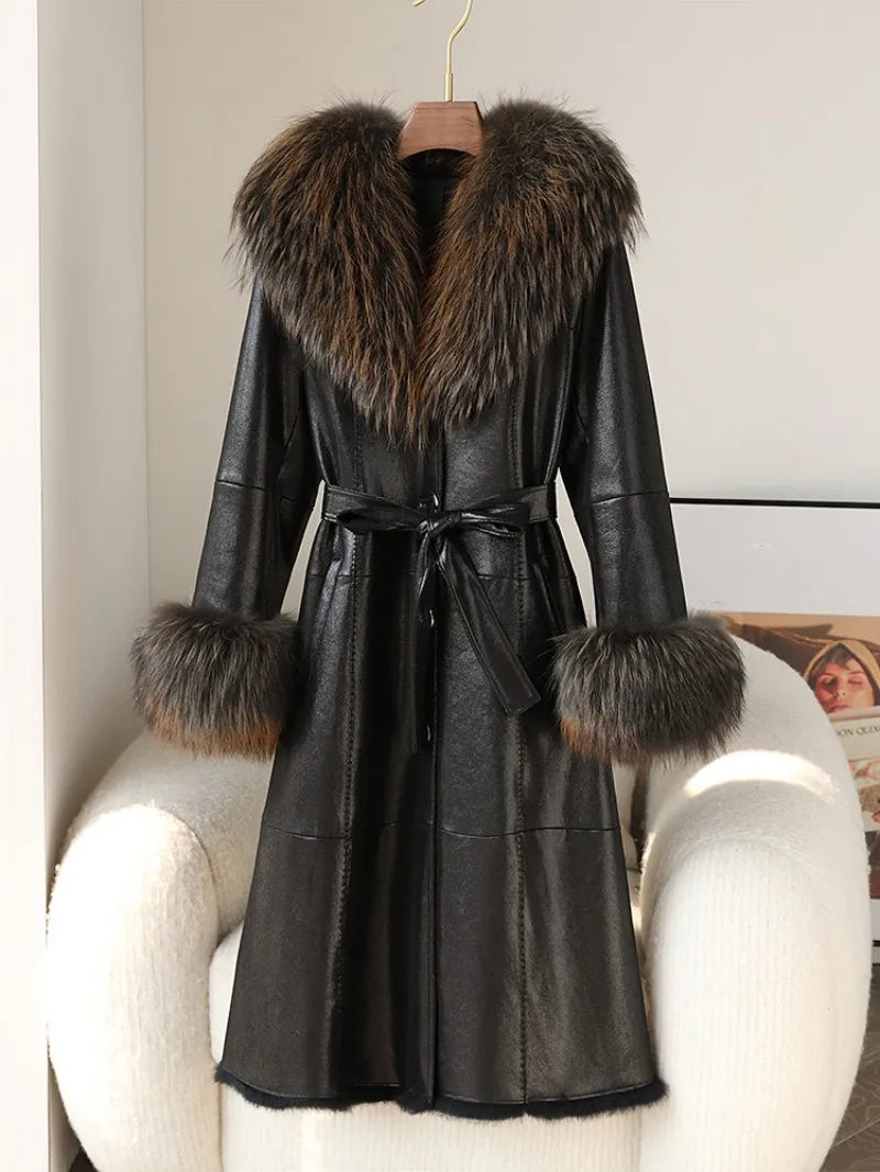 Genuine Leather Long Coats Real Fur Lining Collar& Cuffs