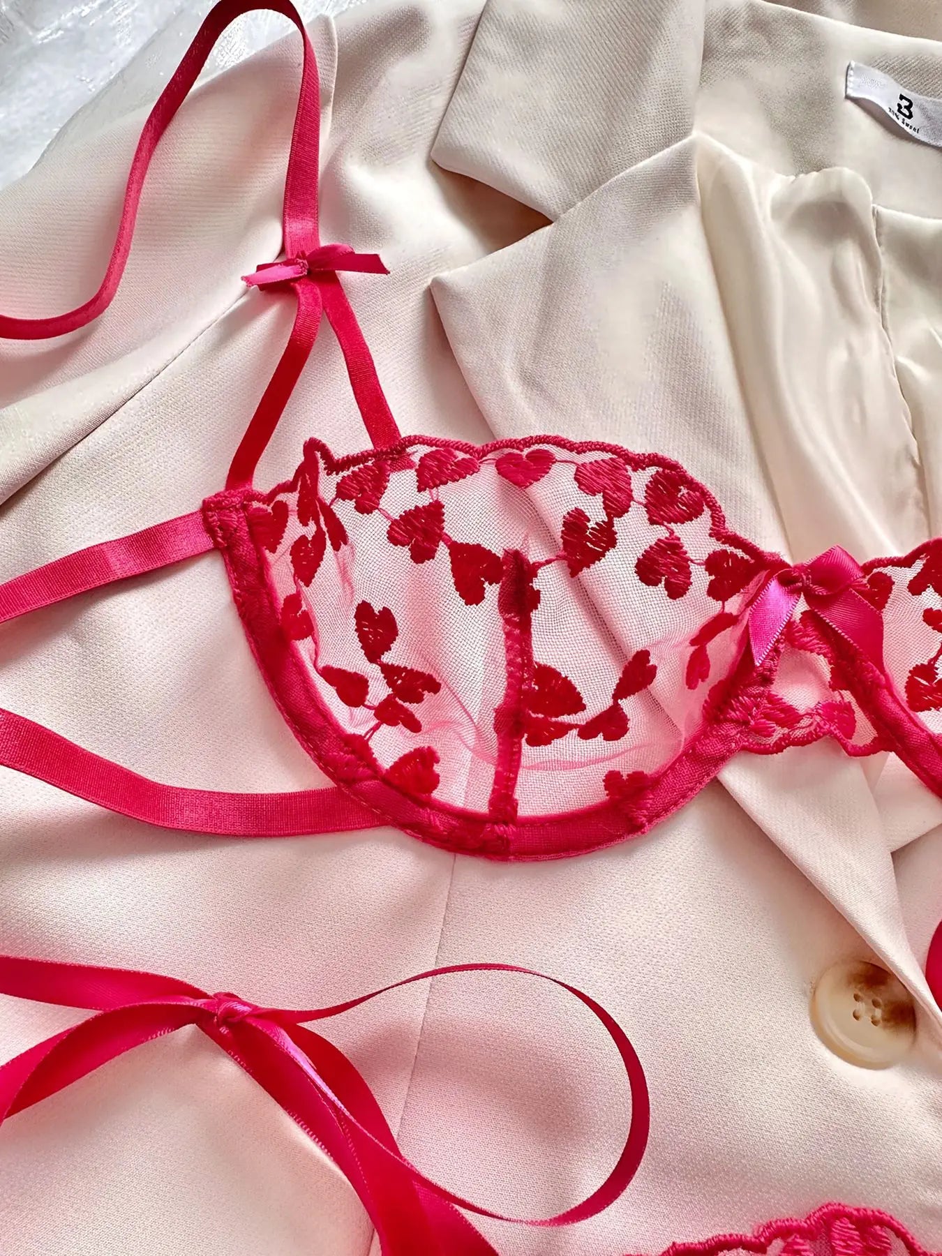 Mesh Heart Shaped Embroidery Bra & Thong Sets