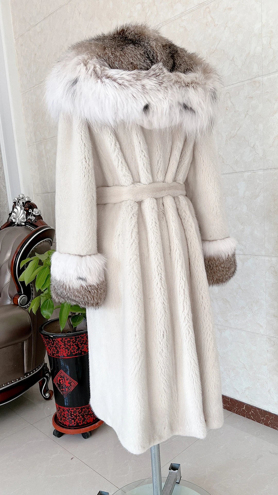 Luxury Lynx Collar Real Mink Fur Coats X-Long