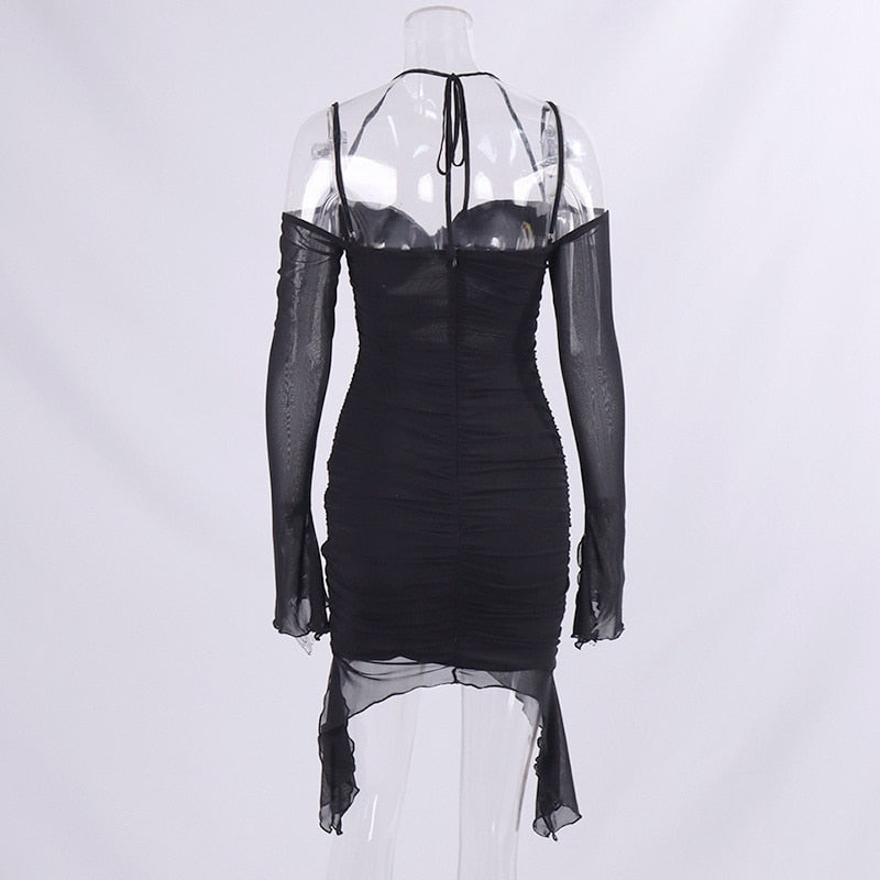 Mesh Sleeve Hollow Ruched Mini Dresses