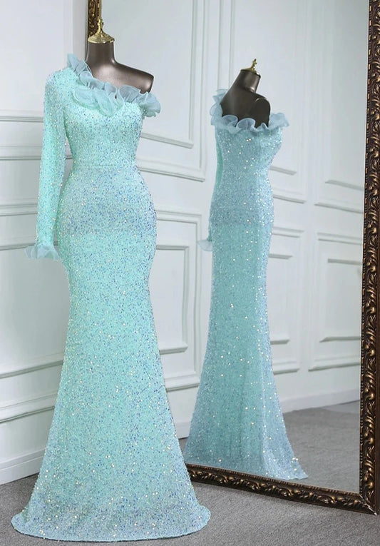 Sequins One Sleeve Lace Floor-Length Dresses