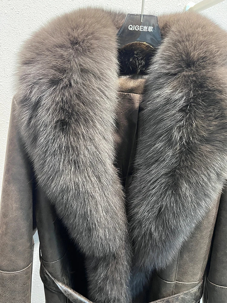 Genuine Leather Long Coats Real Fur Liner Collar Cuffs