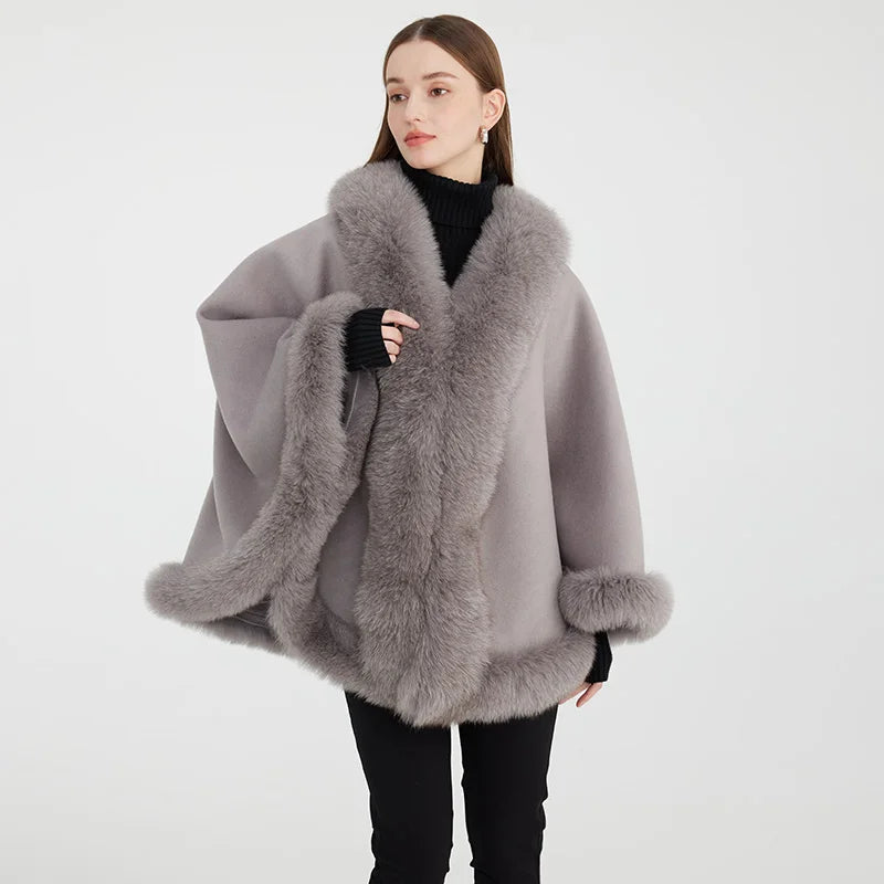 Cashmere Fox Fur Trim Ponchos