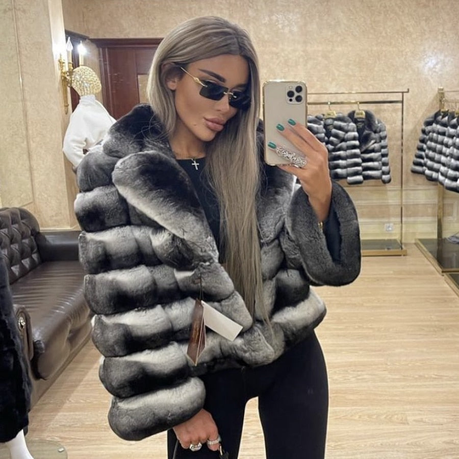 Short Real Rex Rabbit Fur Coats Chinchilla Style