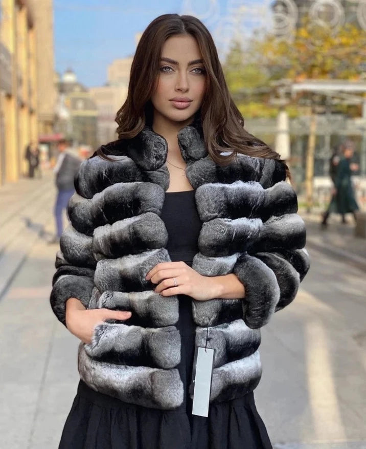 Chinchilla Style Genuine Rex Rabbit Fur Coat Short