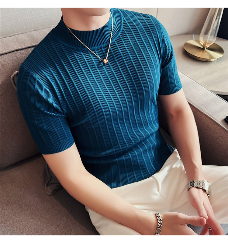 Ribbed Knitted Elasticity Half Collar T-Shirt