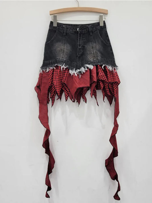 Denim Spliced Irregular Ruffles Mini Skirt