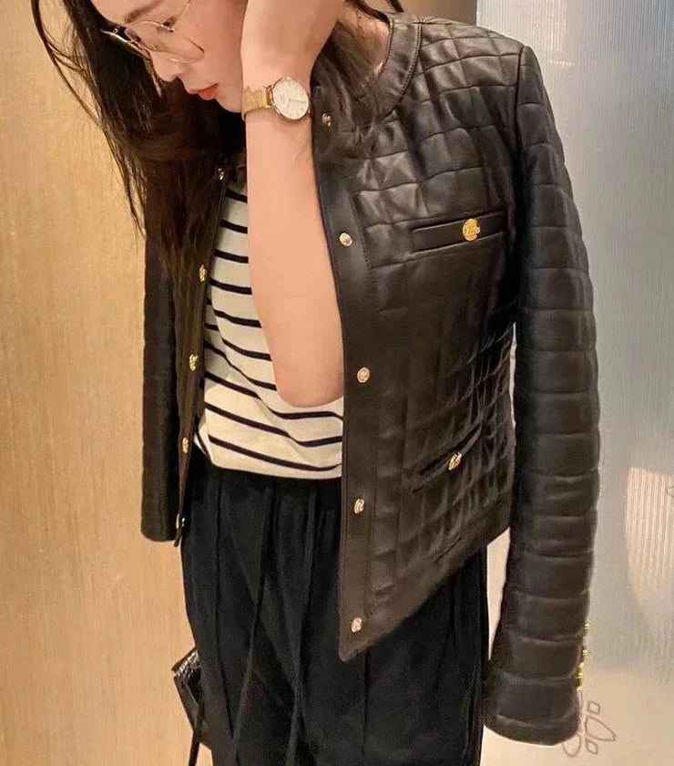 Genuine Leather Short Jacket Round Neck