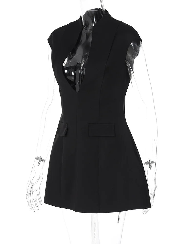 Black Deep V Sleeveless Mini Dress