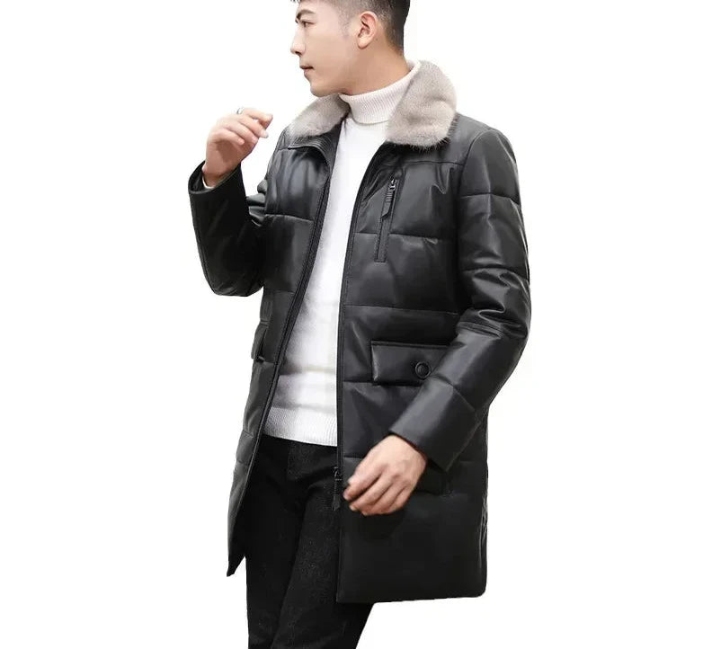 Genuine Leather Down Coats Real Mink Fur Collar