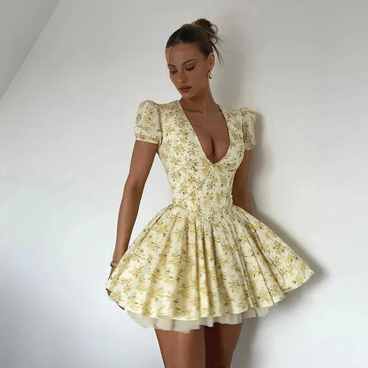 Yellow Deep V Short Puff Sleeve Mini Dress