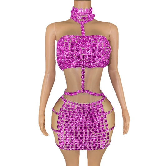 Big Rhinestone Crop Top & Mini Skirt Sets
