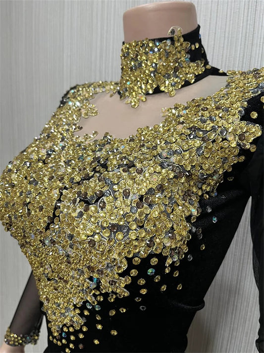 Golden Rhinestone Mesh Sheath Floor-Length Dress