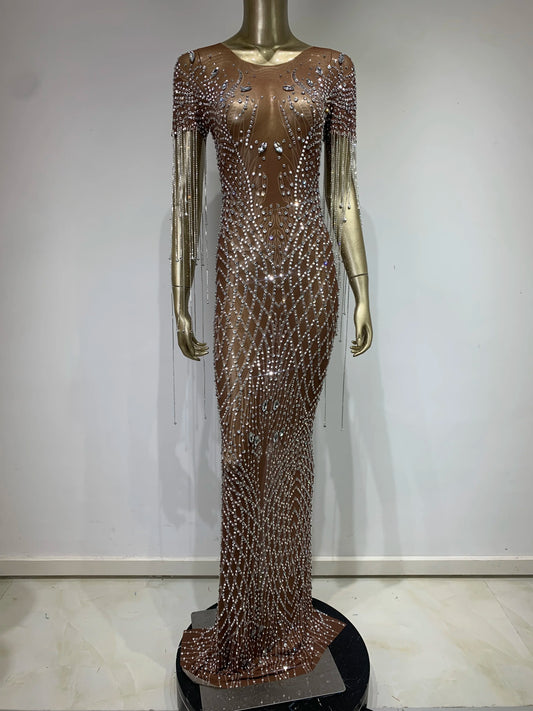 Diamond Mesh Short Sleeve Tassel Dresses