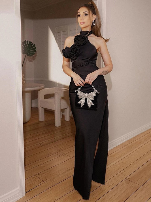 Flower Halter Sleeveless High Split Long Dresses