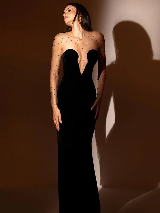 Black Velvet Mesh Sleeve Maxi Dress