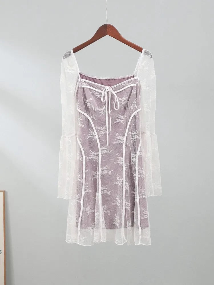 Vintage Lace Flared Sleeve Mini Dresses
