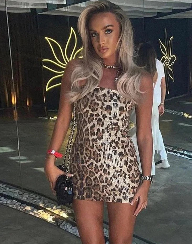 Leopard Print Sequin Mini Dress