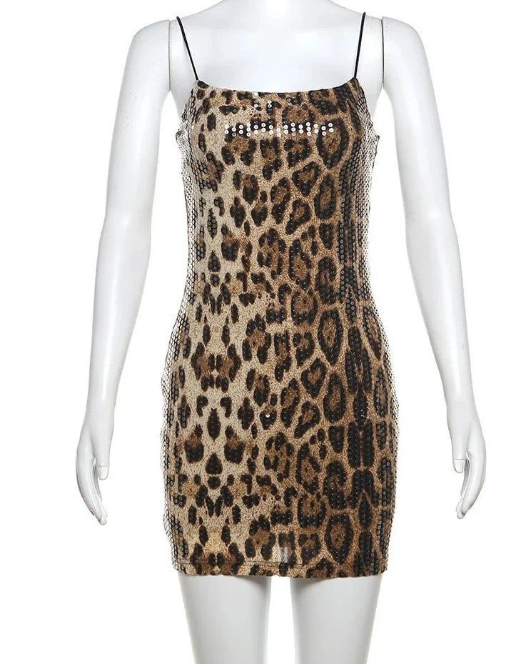 Leopard Print Sequin Mini Dress