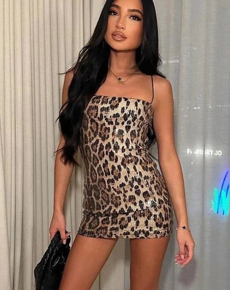 Leopard Print Sequin Mini Dress