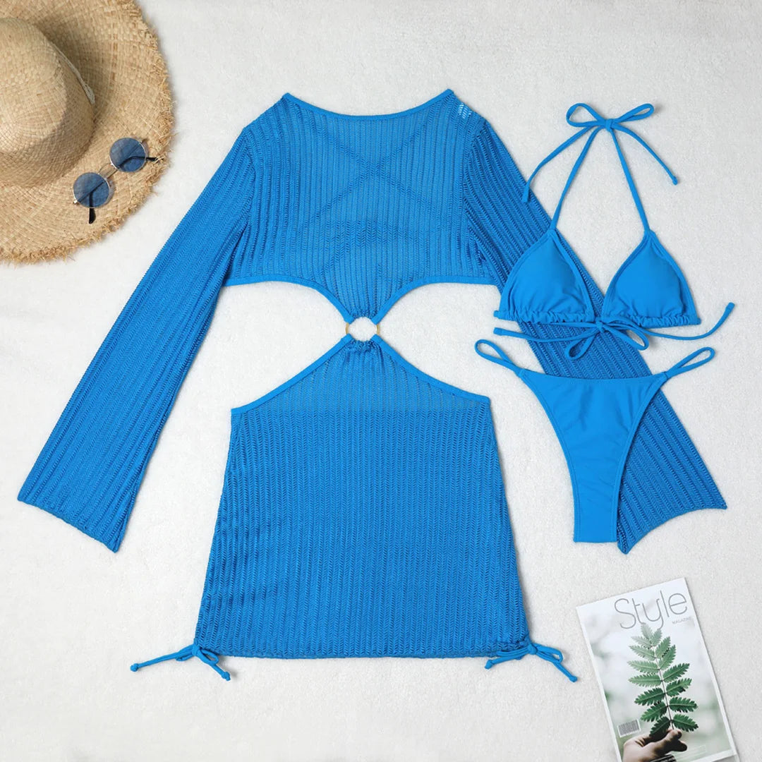 Knitted Sleeved Cover Up & Halter Bikini Sets