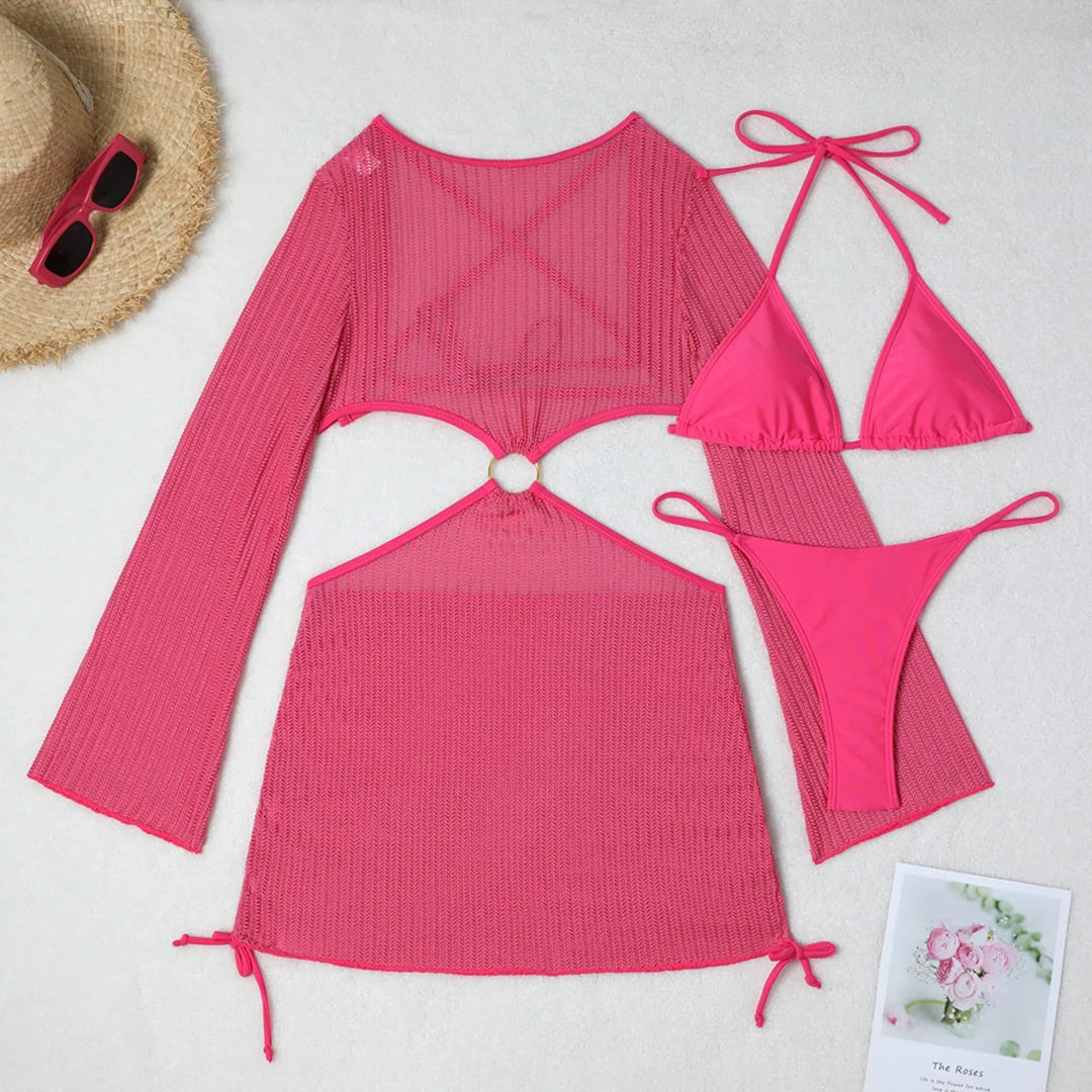 Knitted Sleeved Cover Up & Halter Bikini Sets