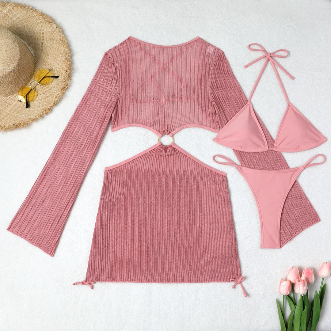 Knitted Sleeved Cover Up & Halter Bikini Sets